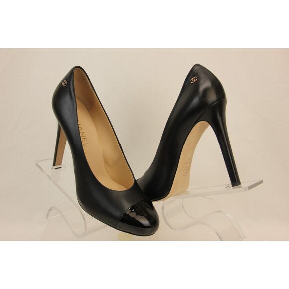 NIB CHANEL BLACK CALF LEATHER PATENT CAP TOE CC LOGO CLASSIC HEEL PUMPS 41 - Picture 6 of 12